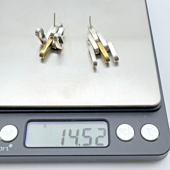 Vintage Modernist Sterling Silver Brass Earrings Industrial Tank Track Unisex - Picture 6 of 6